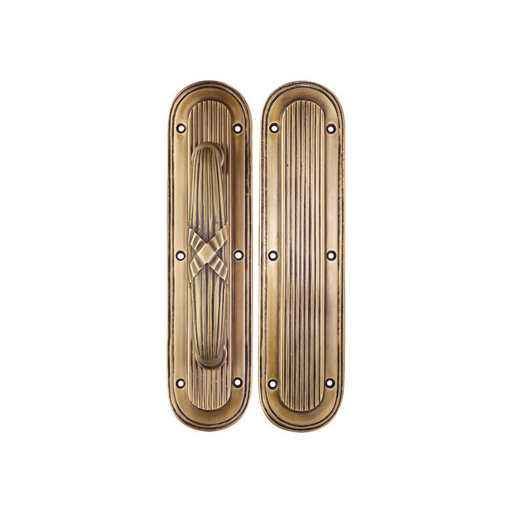 10 1/2 Inch Art Deco Style Door Pull and Push Plate Set (Antique Brass Finish) COPPER MOUNTAIN HARDWARE