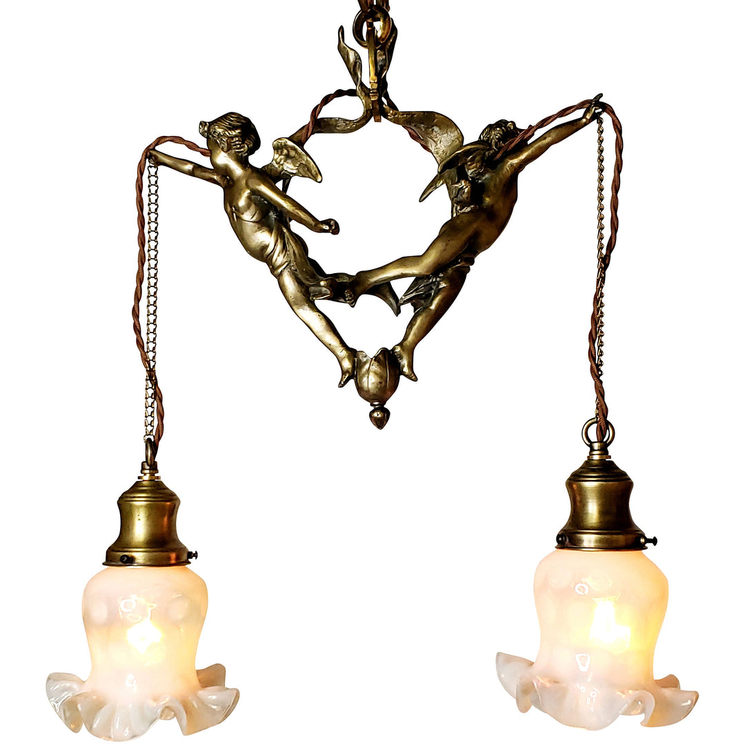 22 Inch Handmade Antique Cherub Two-Light Chandelier With Brass Chain COPPER MOUNTAIN HARDWARE