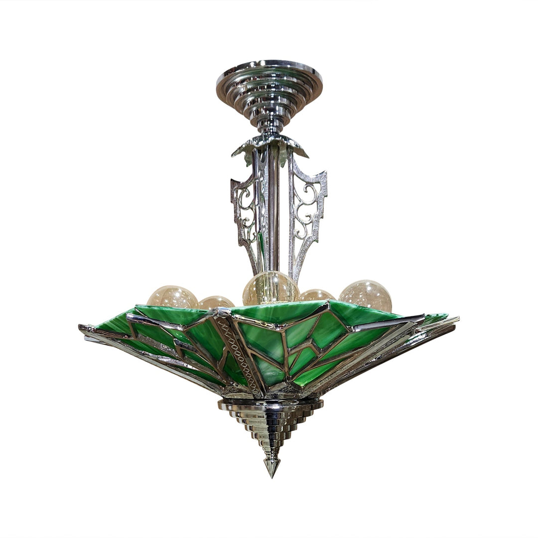 17 Inch Classic Art Deco Close Ceiling Light with Deco Green Glass (Polished Chrome Finish) COPPER MOUNTAIN HARDWARE