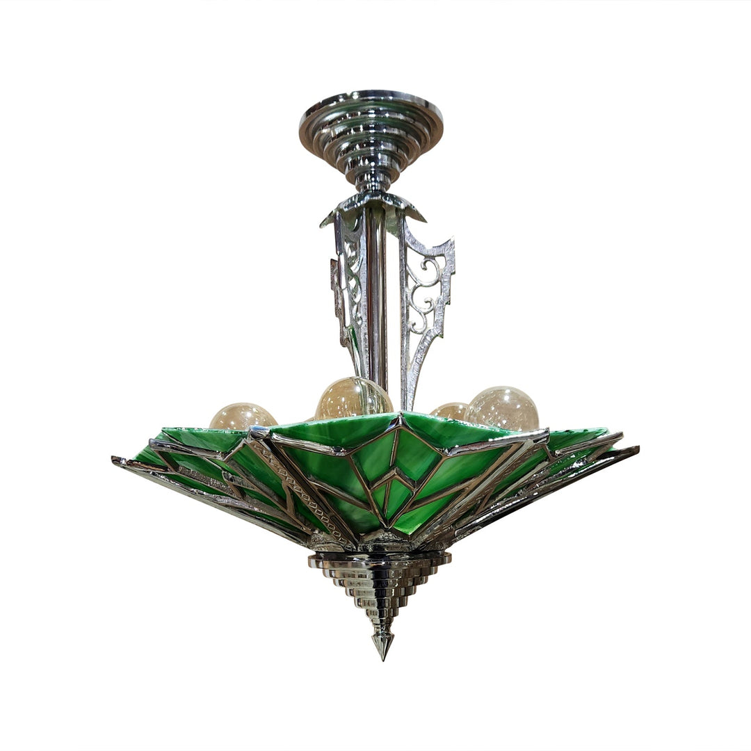 17 Inch Classic Art Deco Close Ceiling Light with Deco Green Glass (Polished Chrome Finish) COPPER MOUNTAIN HARDWARE