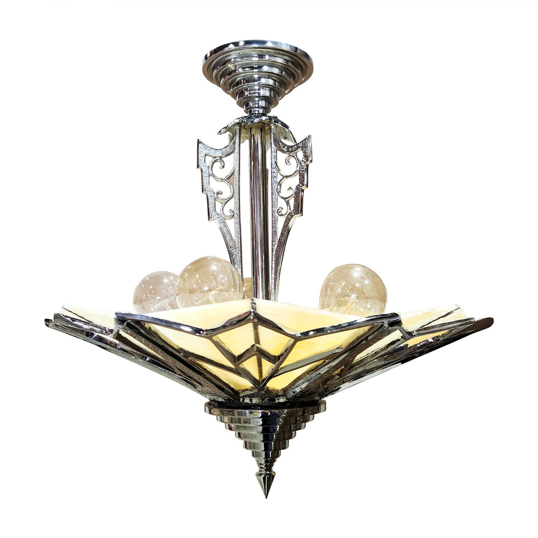 17 Inch Classic Art Deco Close Ceiling Light with Amber Glass (Polished Chrome Finish) COPPER MOUNTAIN HARDWARE