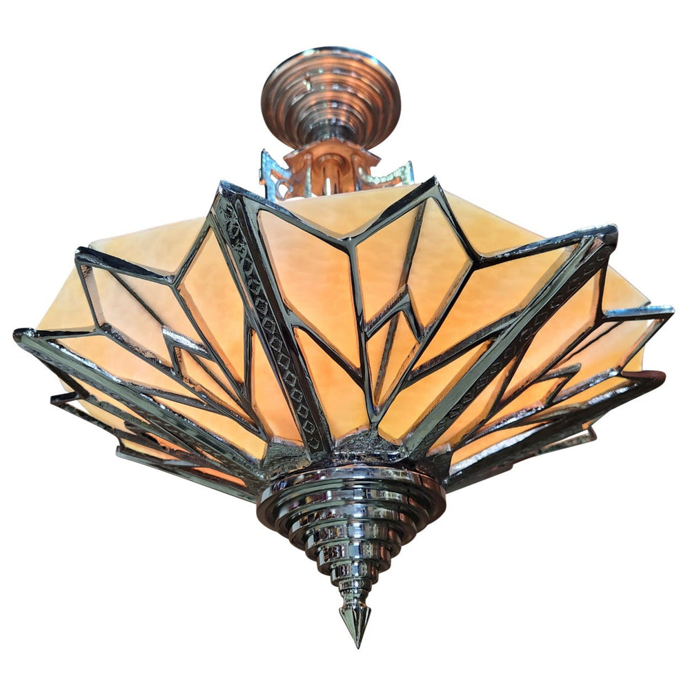 17 Inch Classic Art Deco Close Ceiling Light with Amber Glass (Polished Chrome Finish) COPPER MOUNTAIN HARDWARE