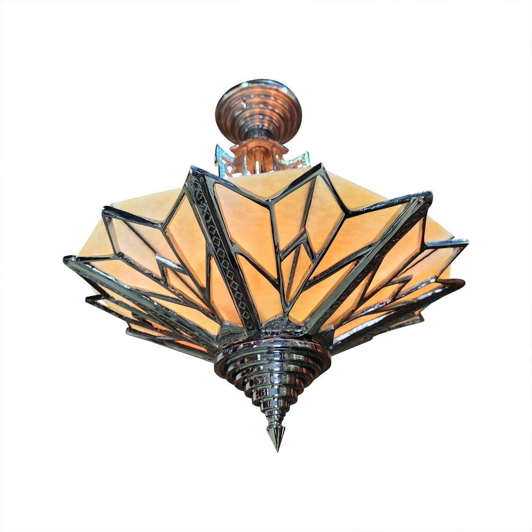 17 Inch Classic Art Deco Close Ceiling Light with Amber Glass (Polished Chrome Finish) COPPER MOUNTAIN HARDWARE