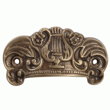 3 5/8 Inch Overall (2 3/4 Inch c-c) Solid Brass Lyre Cup Pull (Antique Brass Finish) COPPER MOUNTAIN HARDWARE