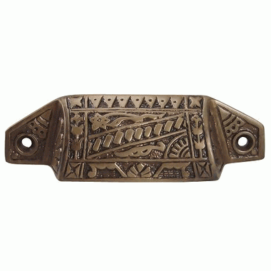 4 1/8 Inch Overall (3 1/2 Inch c-c) Solid Brass Eastlake Bin or Cup Pull (Antique Brass Finish) COPPER MOUNTAIN HARDWARE