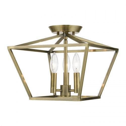 3 Light Antique Brass Square Semi-Flush Livex