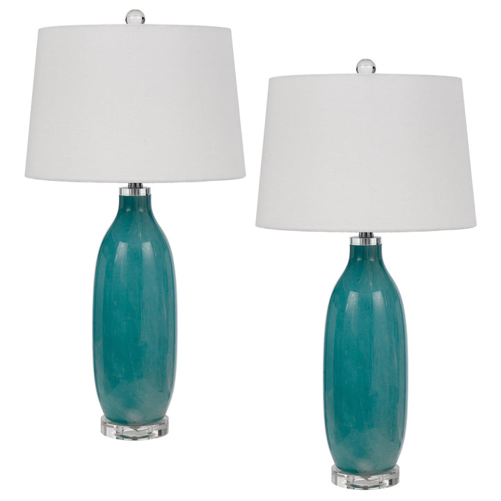 150W 3 WAY CULLMAN GLASS TABLE LAMP WITH CRYSTAL BASE AND HARDBACK TAPER DRUM FABRIC SHADE (SOLD AS PAIRS) Cal Lighting