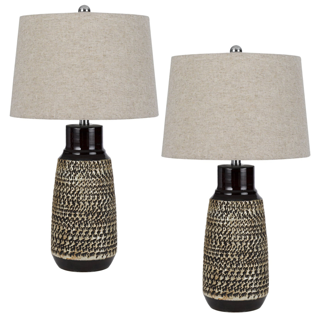 150W 3 WAY SCOTTSBORO CERAMIC TABLE LAMP AND HARDBACK TAPER DRUM SOFT BURLAP SHADE (SOLD AS PAIRS) Cal Lighting