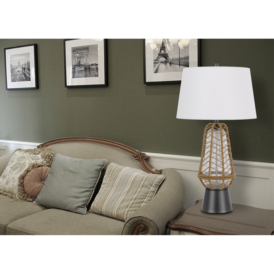 HANKO 100W 3 WAY TABLE LAMP WITH 2W LED NIGHT LIGHT WITH BURLAP WRAPPED GLASS AND METAL BASE Cal Lighting