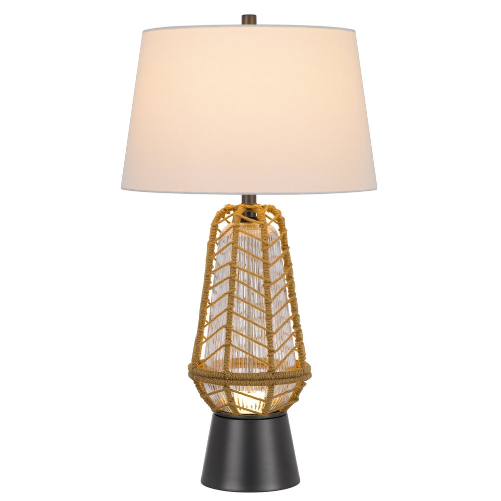HANKO 100W 3 WAY TABLE LAMP WITH 2W LED NIGHT LIGHT WITH BURLAP WRAPPED GLASS AND METAL BASE Cal Lighting