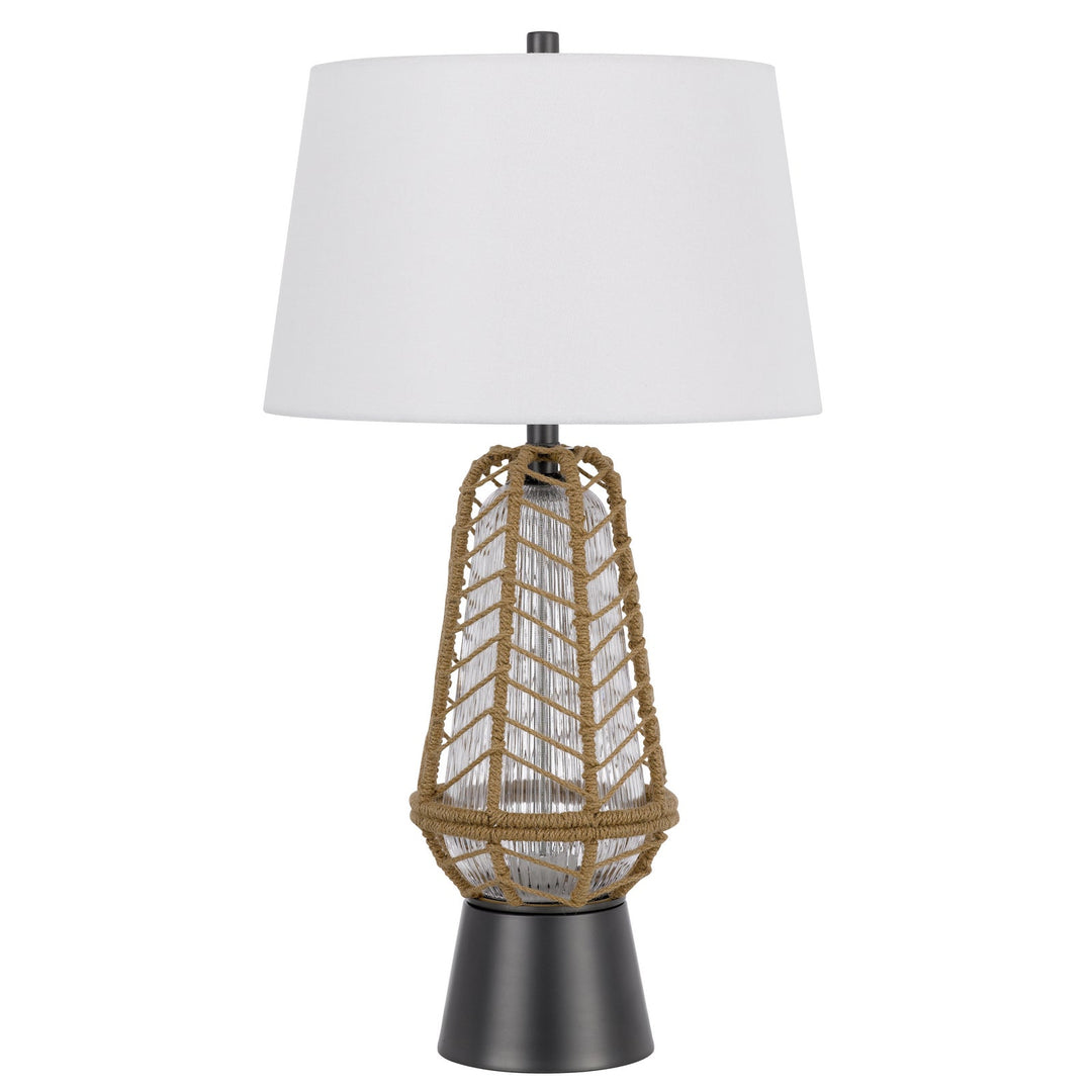 HANKO 100W 3 WAY TABLE LAMP WITH 2W LED NIGHT LIGHT WITH BURLAP WRAPPED GLASS AND METAL BASE Cal Lighting