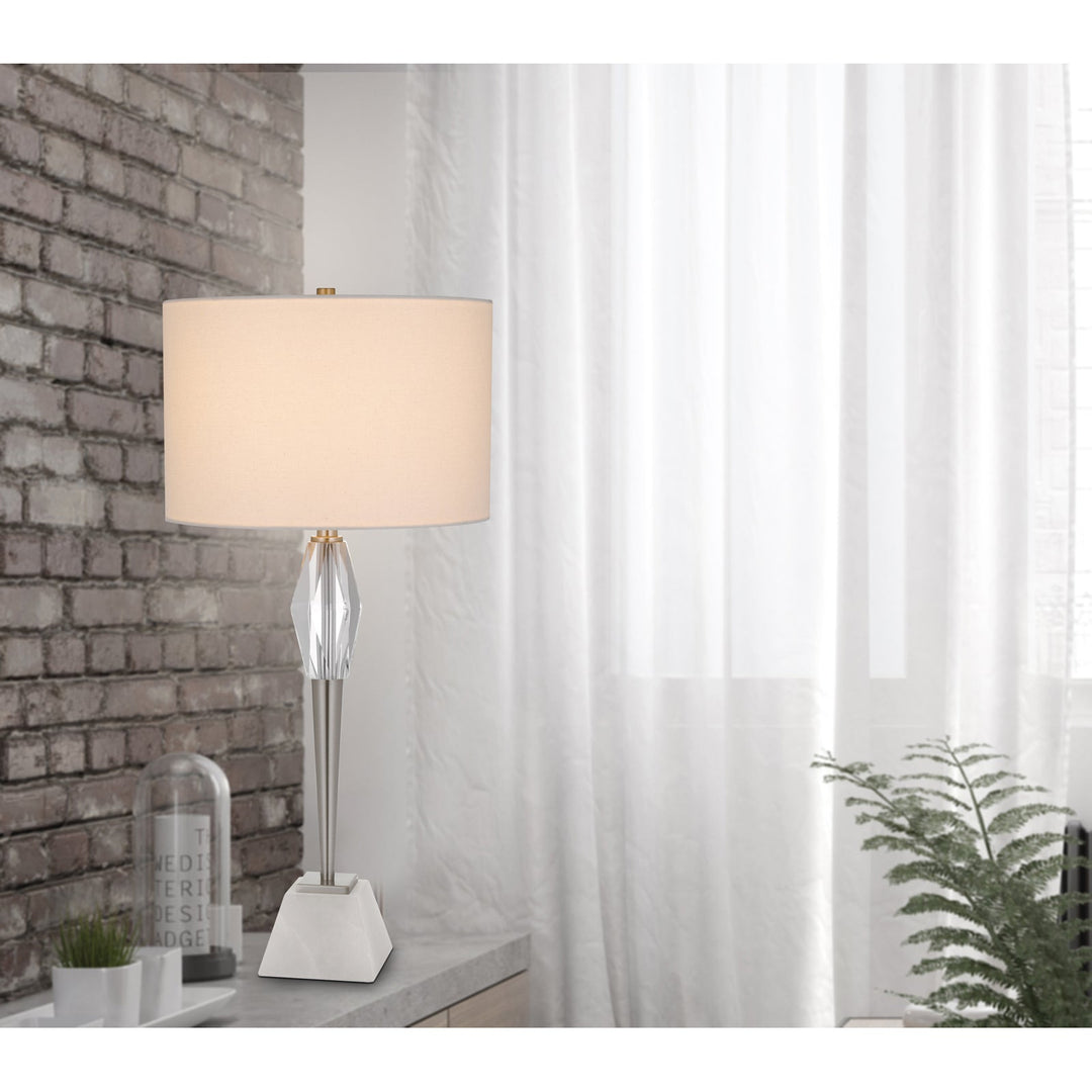 150W 3 WAY ASSEN METAL TABLE LAMP WITH CRYSTAL FONT / MARBLE BASE AND DRUM HARDBACK FABRIC SHADE Cal Lighting