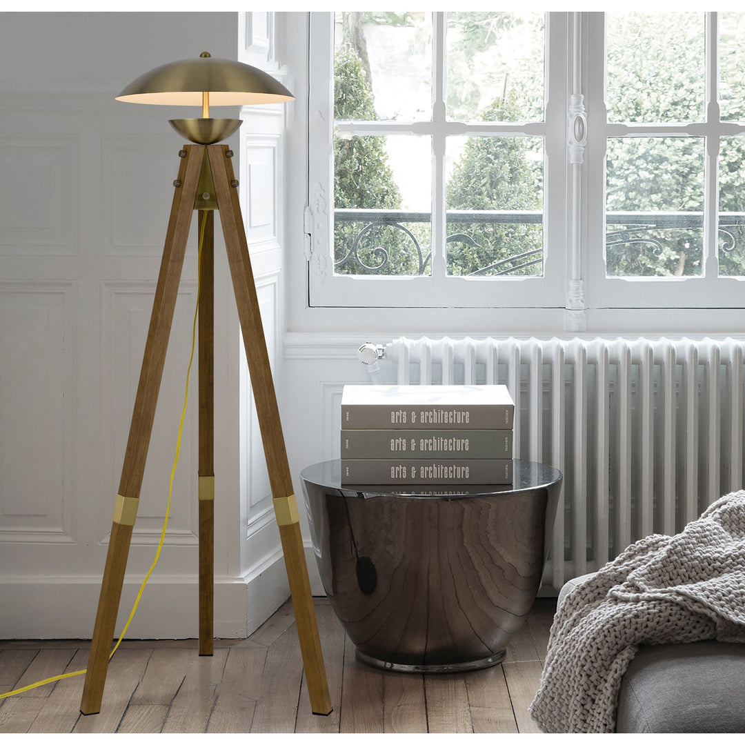 LAKELAND 18W INTERGRATED LED TRIPOD BIRCH WOOD FLOOR LAMP WITH HALF DOMED METAL SHADE Cal Lighting