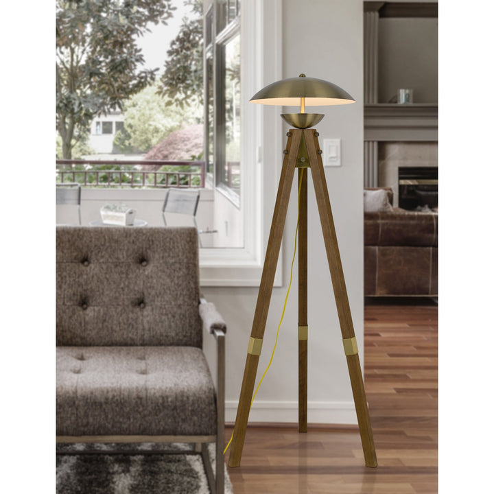 LAKELAND 18W INTERGRATED LED TRIPOD BIRCH WOOD FLOOR LAMP WITH HALF DOMED METAL SHADE Cal Lighting