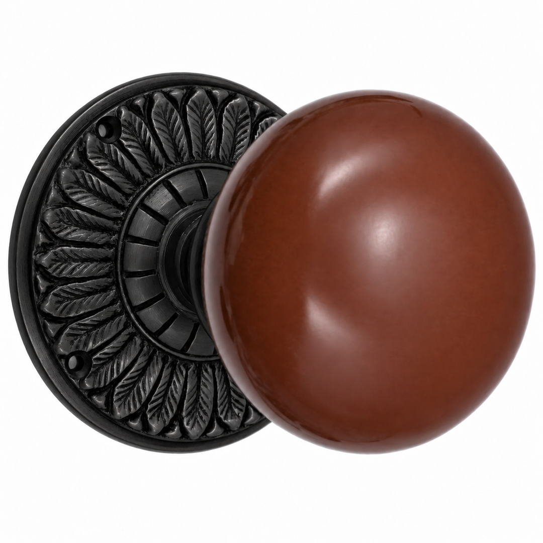 Brown Porcelain Door Knob with Brass Feathers Rosette (Several Finishes Available)