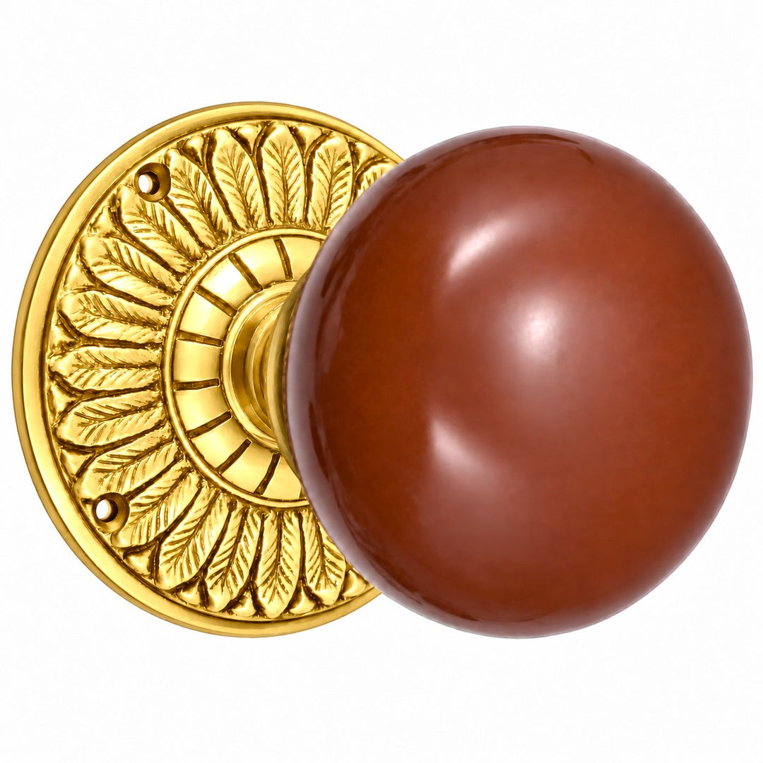 Brown Porcelain Door Knob with Brass Feathers Rosette (Several Finishes Available)