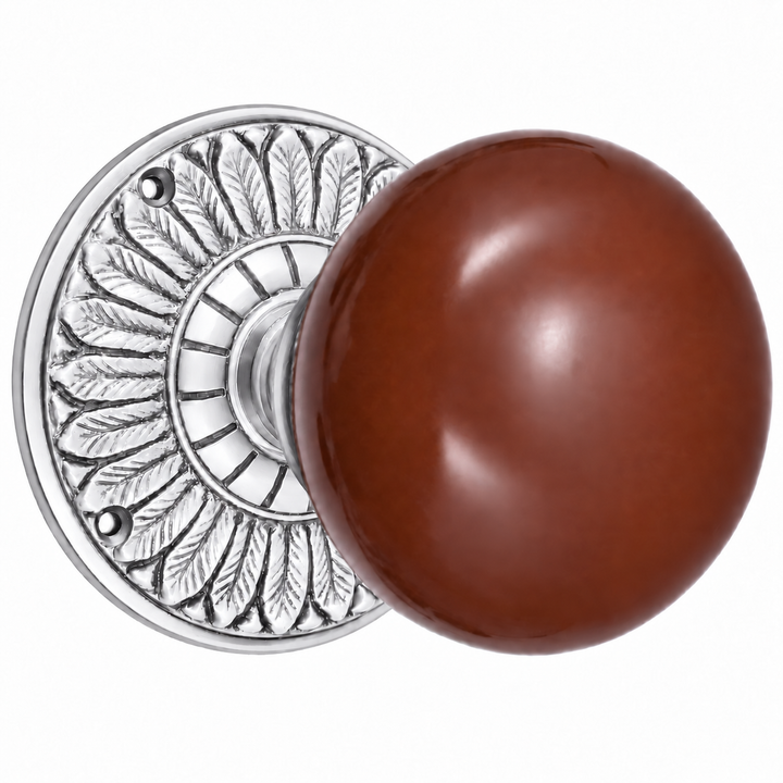Brown Porcelain Door Knob with Brass Feathers Rosette (Several Finishes Available)