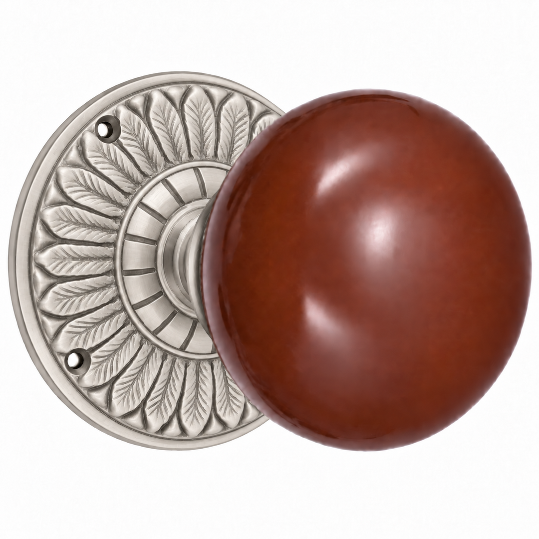 Brown Porcelain Door Knob with Brass Feathers Rosette (Several Finishes Available)