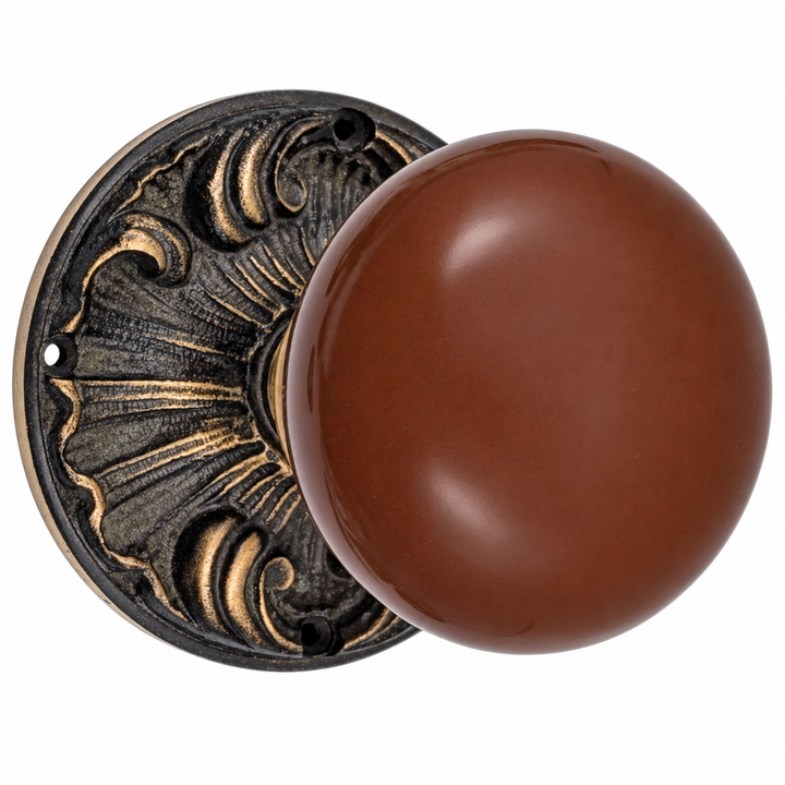 Brown Porcelain Door Knob Set with Romanesque Rosette (Several Finishes Available)