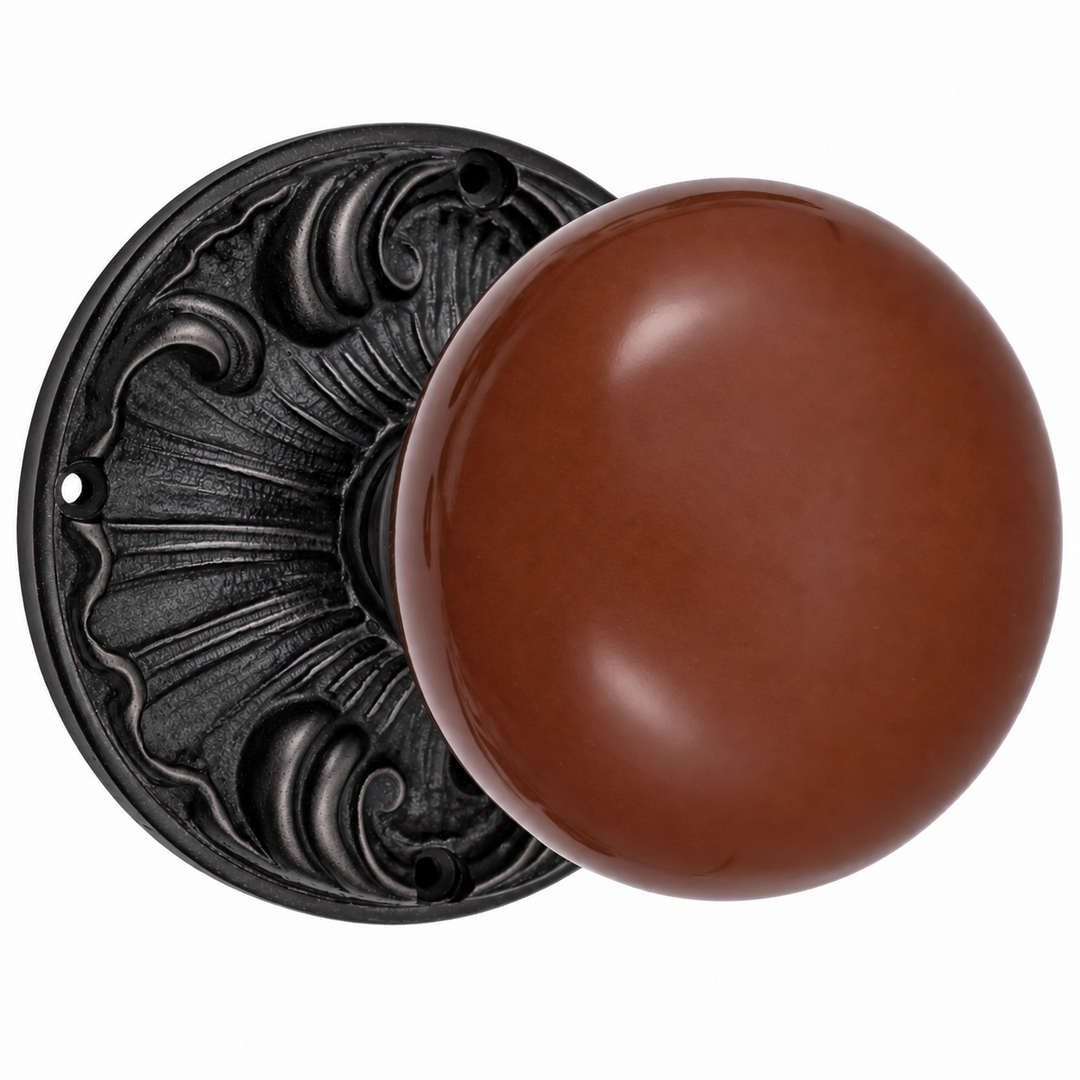 Brown Porcelain Door Knob Set with Romanesque Rosette (Several Finishes Available)