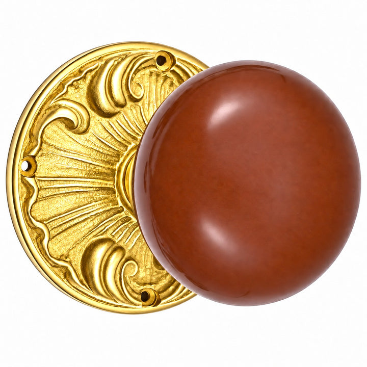 Brown Porcelain Door Knob Set with Romanesque Rosette (Several Finishes Available)