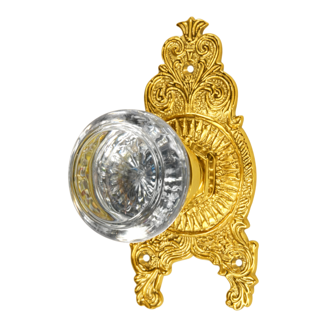 Ornate Victorian Rosette with Round Crystal Door Knobs (Several Finishes Available)