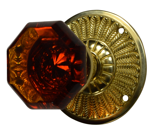 Feather Rosette Door Set with Amber Octagon Glass Door Knobs (Several Finishes Available) COPPER MOUNTAIN HARDWARE