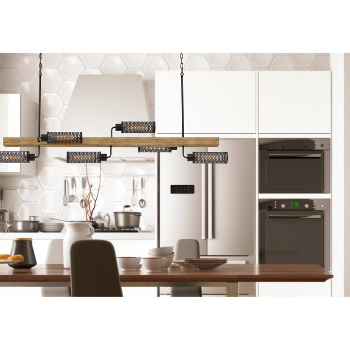 60W X 6 LENOX PINE WOOD ISLAND CHANDELIER WITH METAL MESH SHADES Cal Lighting