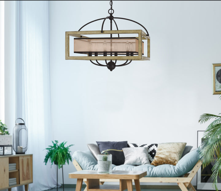 PALENCIA RUBBER WOOD SQUARE CHANDELIER WITH ORGANZA SHADE Cal Lighting