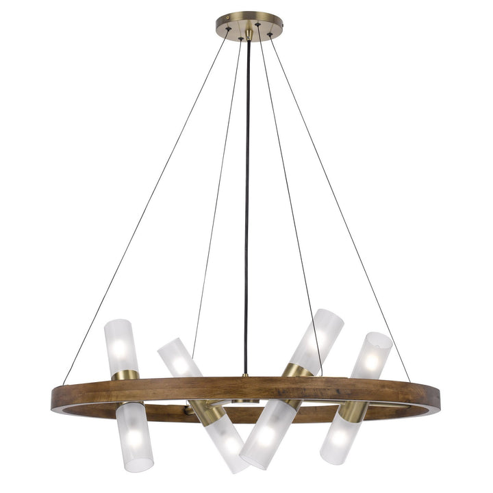 40W X 8 HEMPSTEAD BIRCH WOOD CYLINDER CHANDELIER WITH ADJUSTABLE STEEL CABLE AND GLASS SHADES Cal Lighting