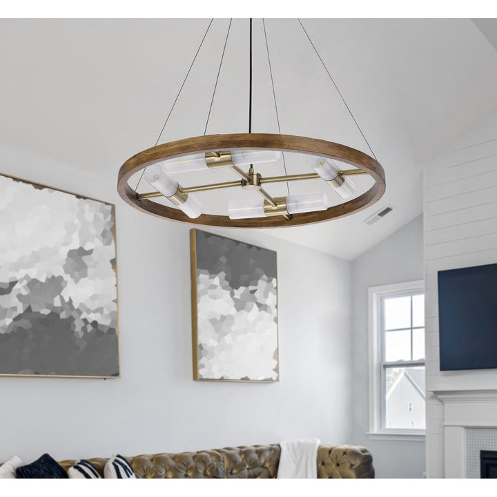 40W X 8 HEMPSTEAD BIRCH WOOD CYLINDER CHANDELIER WITH ADJUSTABLE STEEL CABLE AND GLASS SHADES Cal Lighting