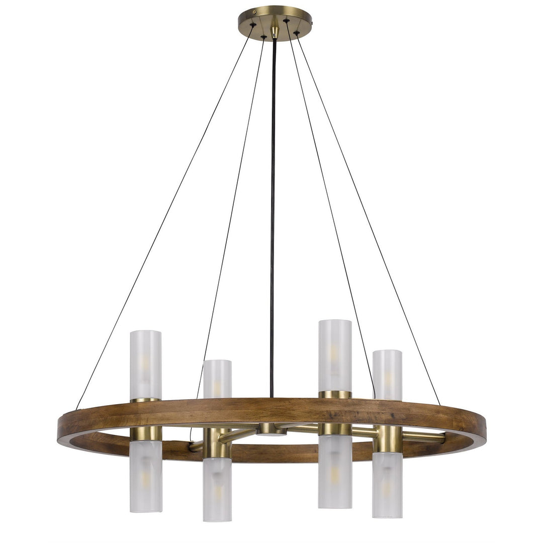40W X 8 HEMPSTEAD BIRCH WOOD CYLINDER CHANDELIER WITH ADJUSTABLE STEEL CABLE AND GLASS SHADES Cal Lighting
