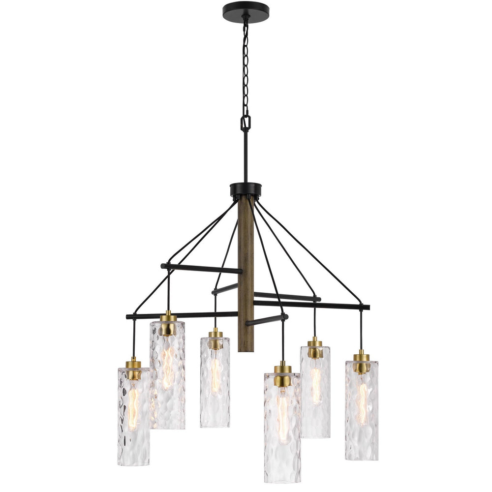 60W X 6 WILLISTON RUBBER WOOD CHANDELIER WITH HANGING TEXTURED GLASS SHADES Cal Lighting