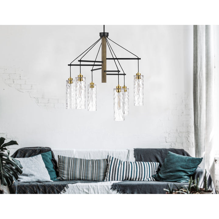 60W X 6 WILLISTON RUBBER WOOD CHANDELIER WITH HANGING TEXTURED GLASS SHADES Cal Lighting
