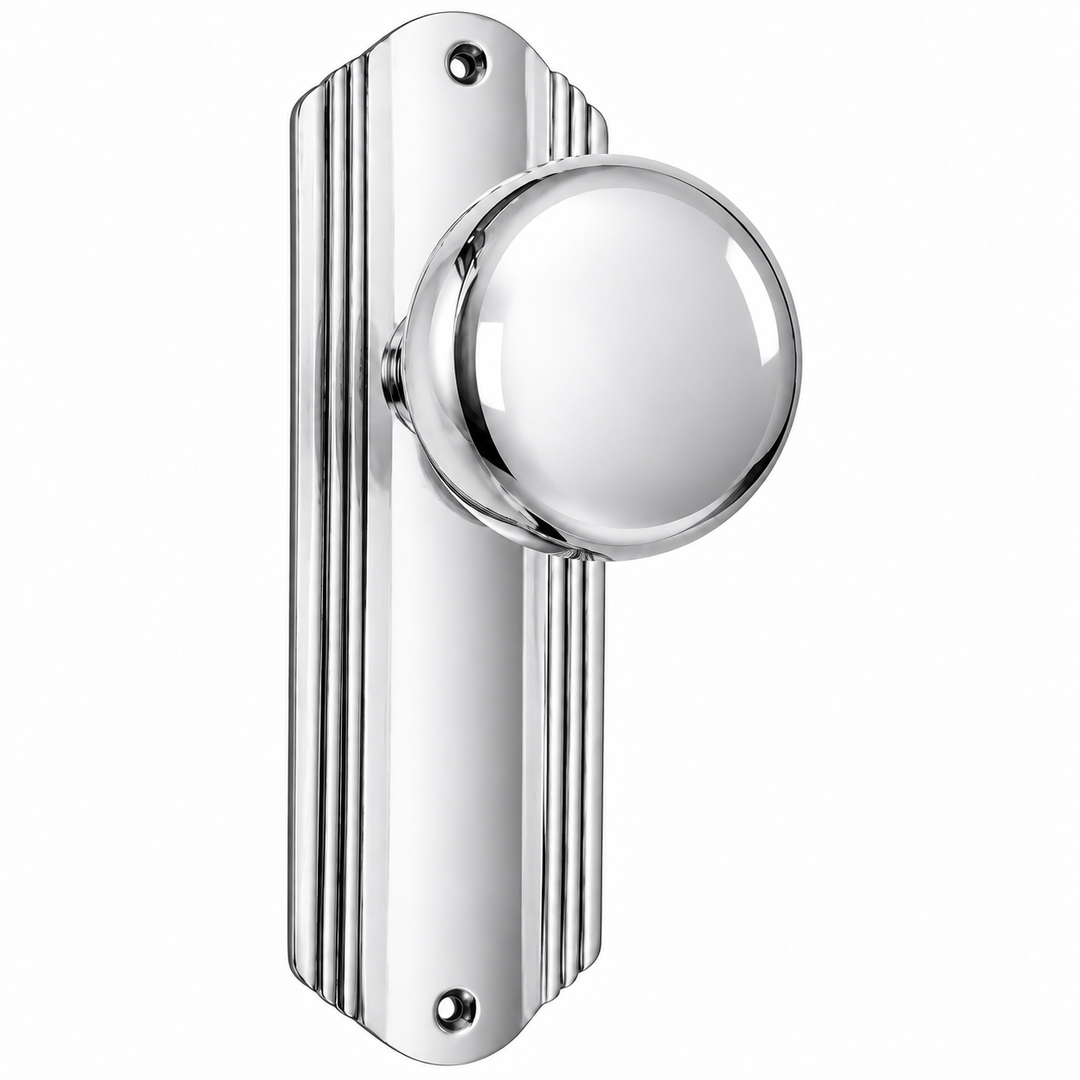 Art Deco Long Backplate Door Set with Brass Round Door Knobs (Several Finishes Available)