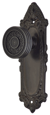 Ornate Victorian Long Backplate Door Set with Rice Pattern Door Knobs (Several Finishes Available) COPPER MOUNTAIN HARDWARE