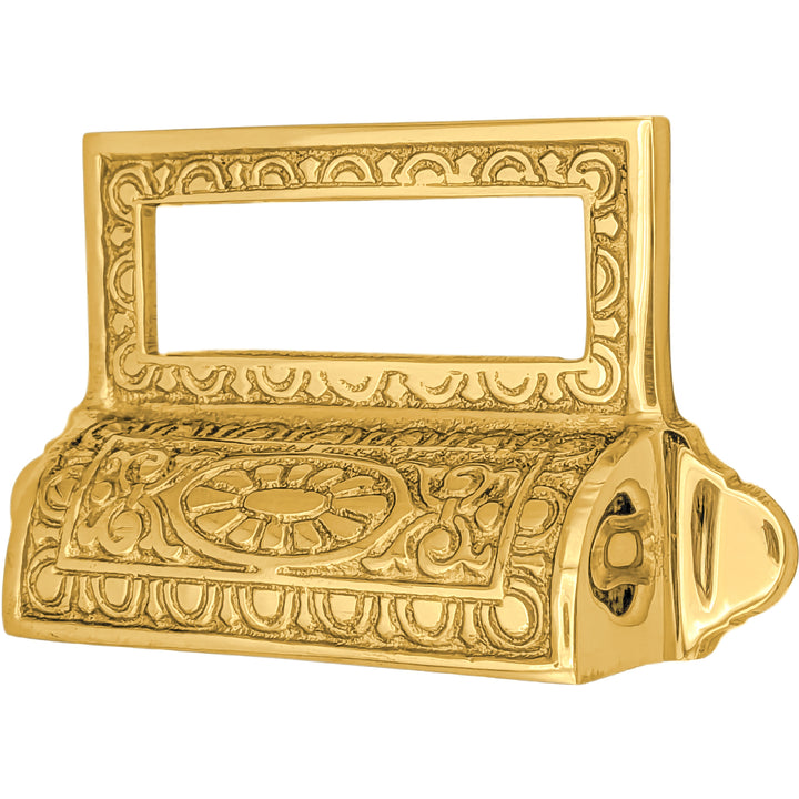 4 1/8 Inch Overall (3 1/2 Inch c-c) Solid Brass Victorian Label Style Bin Pull