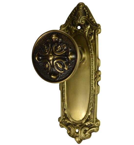 Ornate Victorian Long Backplate Door Set with Romanesque Door Knobs (Several Finishes Available) COPPER MOUNTAIN HARDWARE