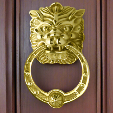 8 3/8 Inch (4 Inch c-c) Solid Brass Regal Lion Door Knocker (Polished Brass Finish) Copper Mountain Hardware