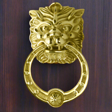 8 3/8 Inch (4 Inch c-c) Solid Brass Regal Lion Door Knocker (Polished Brass Finish) Copper Mountain Hardware