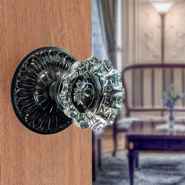 Feather Rosette Door Set with Fluted Crystal Door Knobs (Several Finishes Available) COPPER MOUNTAIN HARDWARE