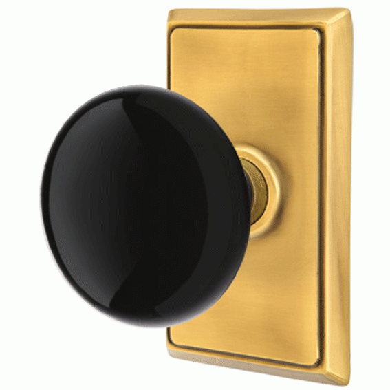 Black Porcelain Ebony Door Knob Set With Rectangular Rosette (Several Finish Options) EMTEK