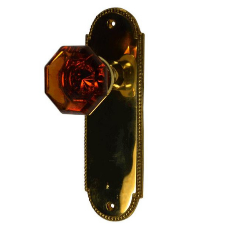 Arched Beaded Backplate Door Set with Octagon Amber Glass Door Knobs (Several Finishes Available) COPPER MOUNTAIN HARDWARE