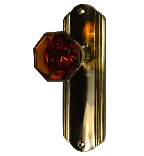 Art Deco Long Backplate Door Set with Octagon Amber Glass Door Knobs (Several Finishes Available) COPPER MOUNTAIN HARDWARE