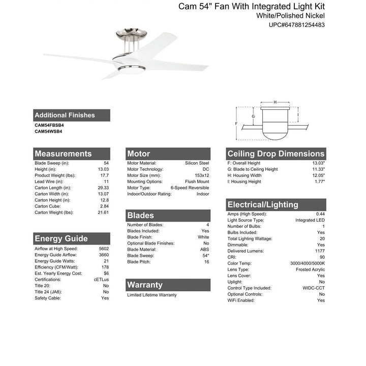 54" Cam in White/Polished Nickel w/ White Blades CRAFTMADE