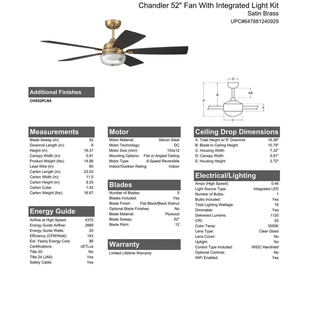 52" Chandler in Satin Brass w/ Flat Black/Black Walnut Blades CRAFTMADE