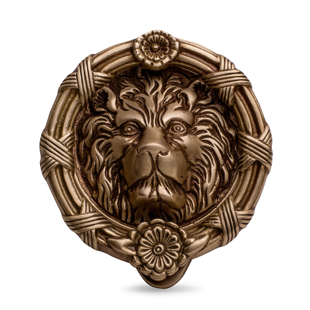 Ribbon & Reed 5 1/4 Inch Lion Head Door Knocker in Solid Brass (Antique Brass Finish) COPPER MOUNTAIN HARDWARE