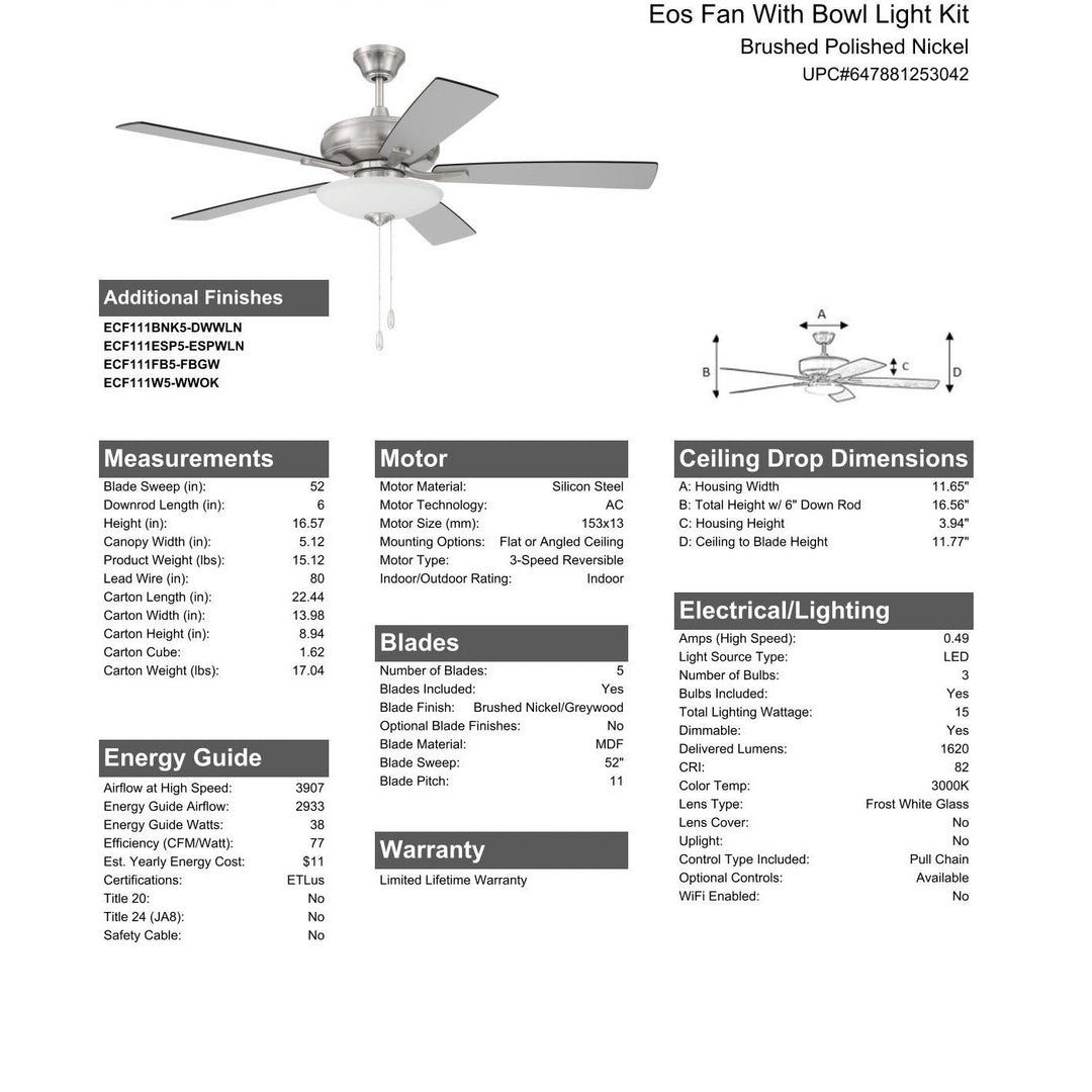 52" Eos 3 Light Bowl in Brushed Polished Nickel w/ Brushed Nickel/Greywood Blades CRAFTMADE