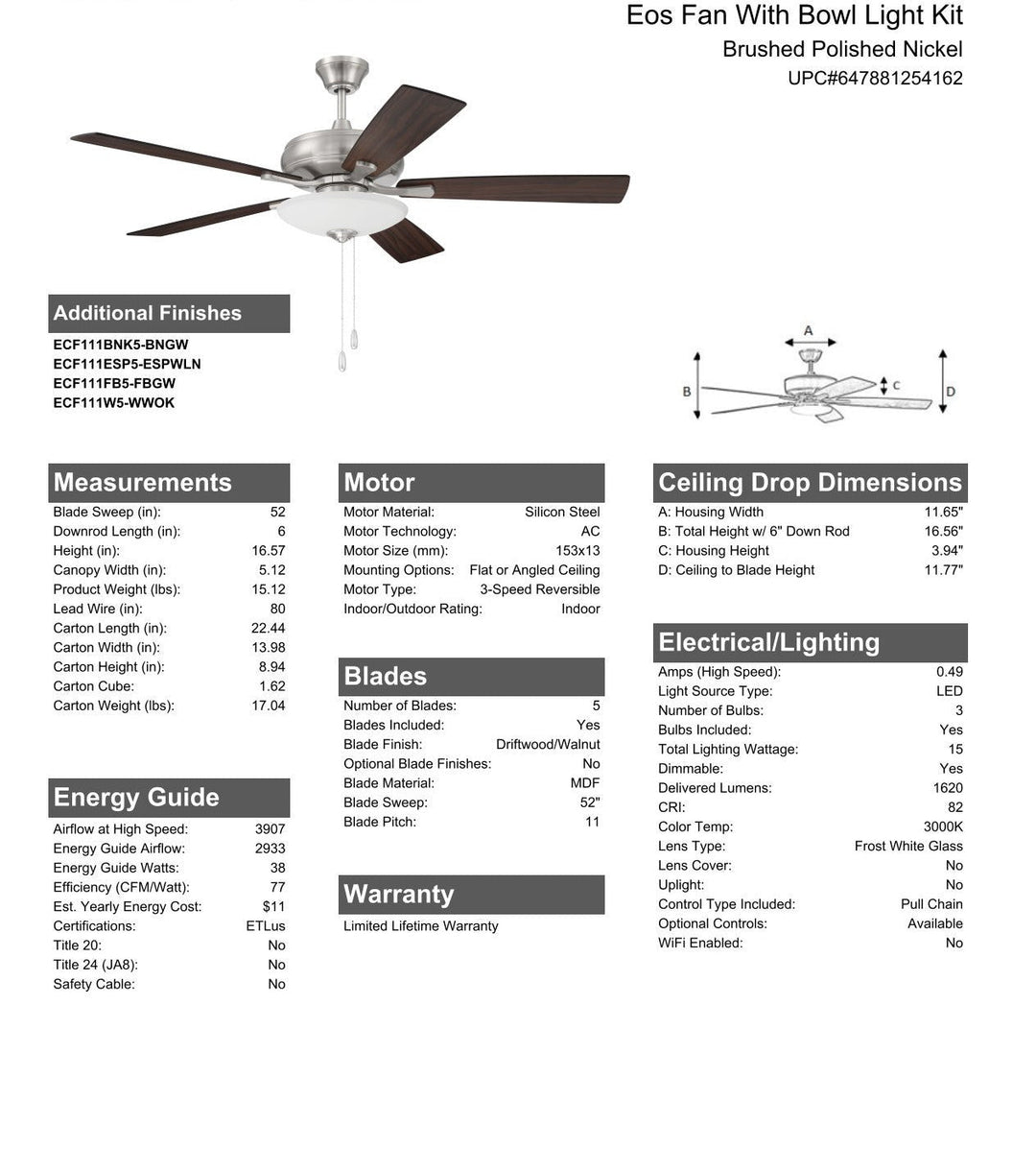 ##Antique Hardware## 52" Eos 3 Light Bowl in Brushed Polished Nickel w/ Driftwood/Walnut Blades