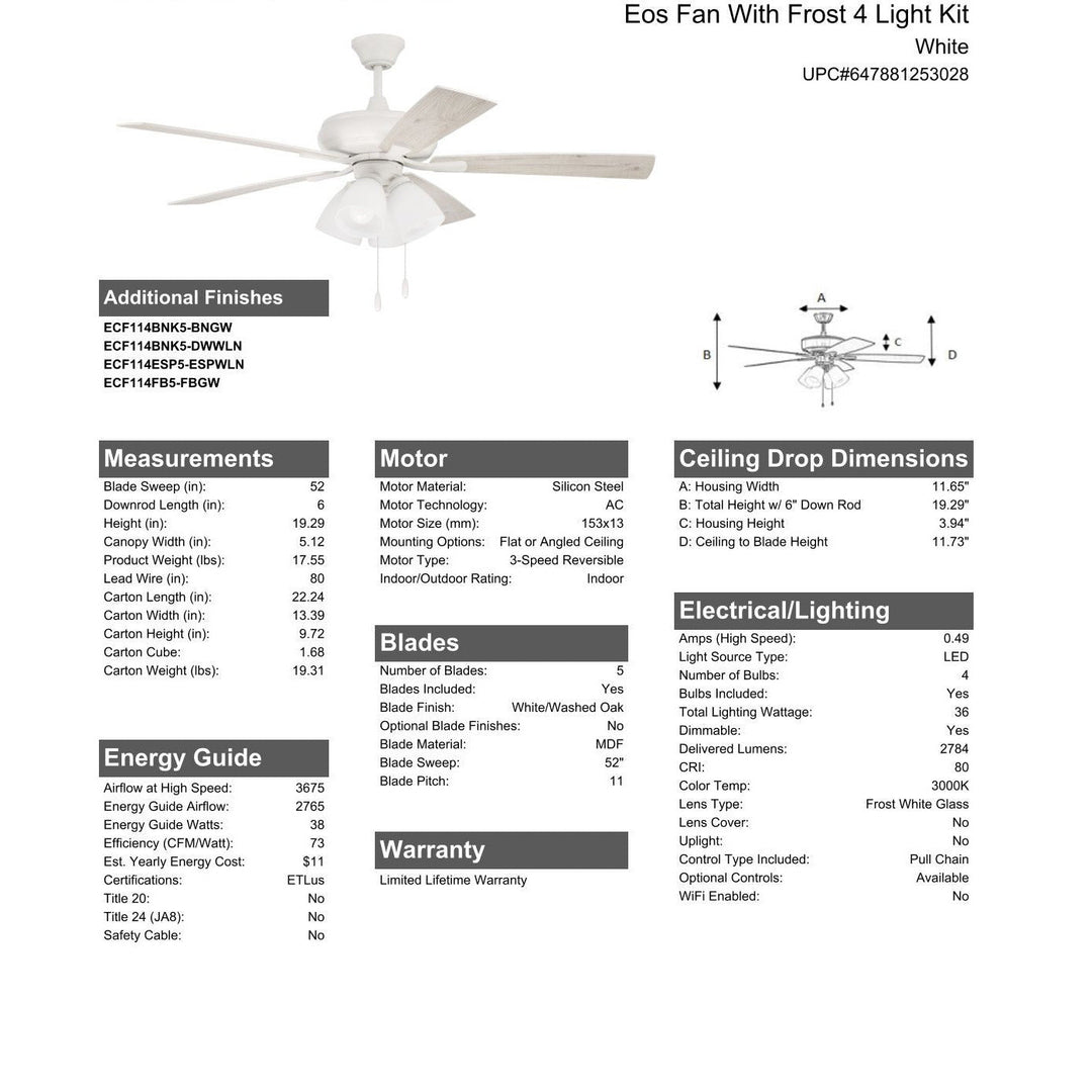 52" Eos Frost 4 Light in White w/ White/Washed Oak Blades CRAFTMADE